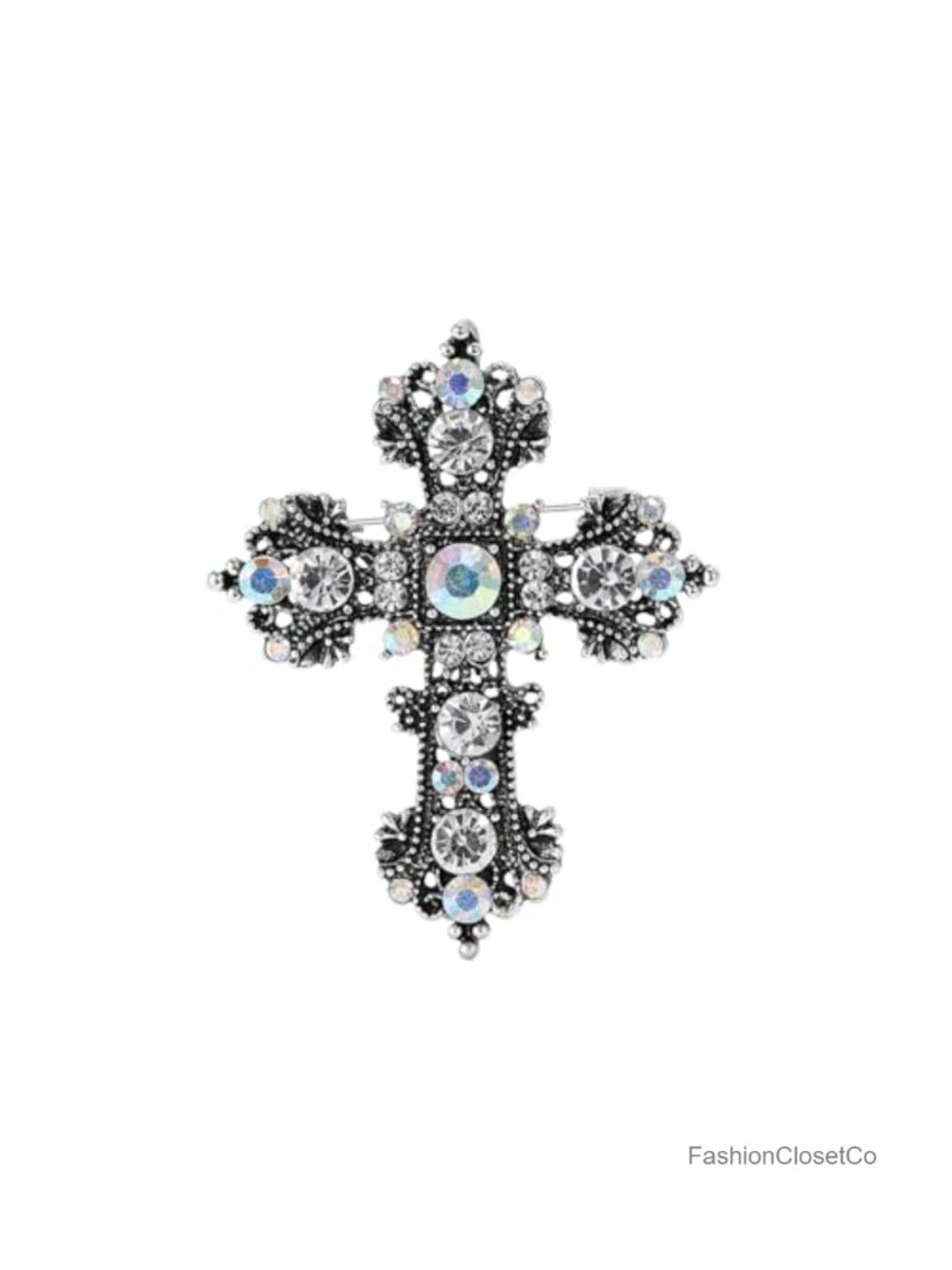 Ornate Cross Layered Oval Teardrop Rhinestone Brooch Women Vintage Lapel Pin